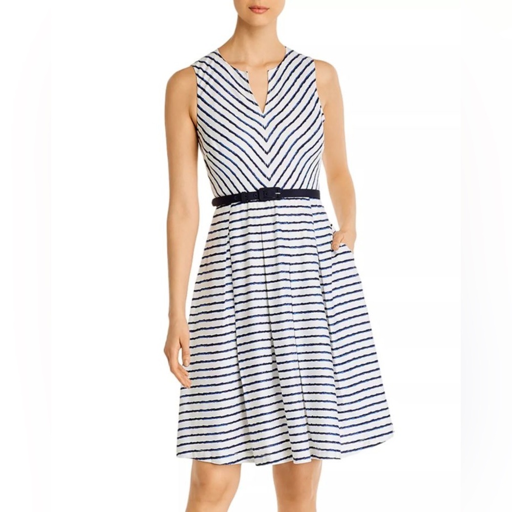 Karl Lagerfeld Blue and White Pleated Midi Dress